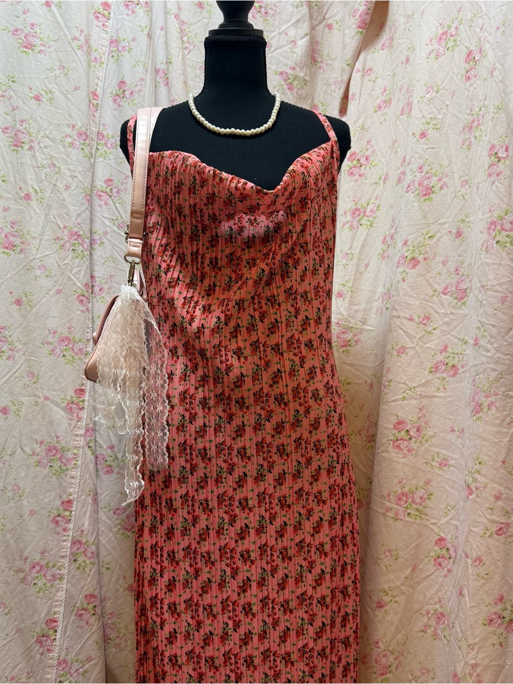 Floral Cowl Neck Dress in Coral Pink